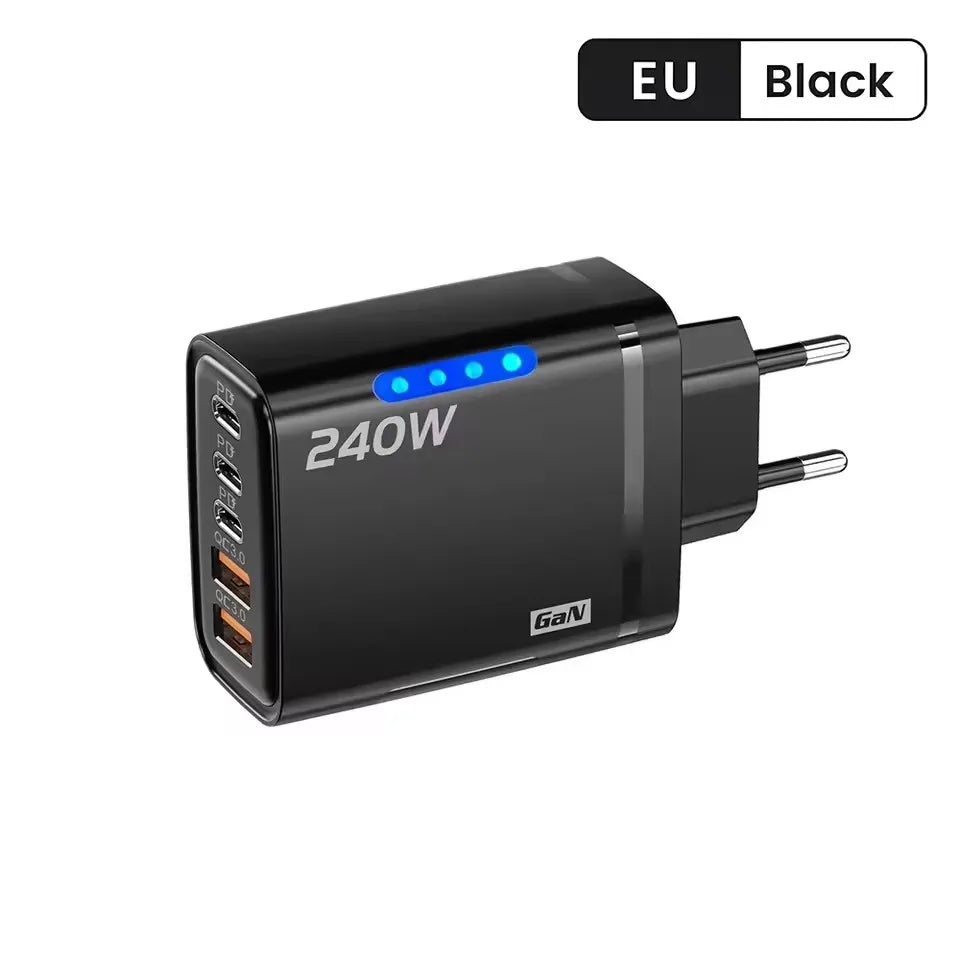 Chargeur rapide 240W GaN avec lumière LED, 2 USB + 3 Type-C, chargeur de téléphone multi-ports 5 en 1 pour iPhone , Samsung, Huawei, Xiaomi