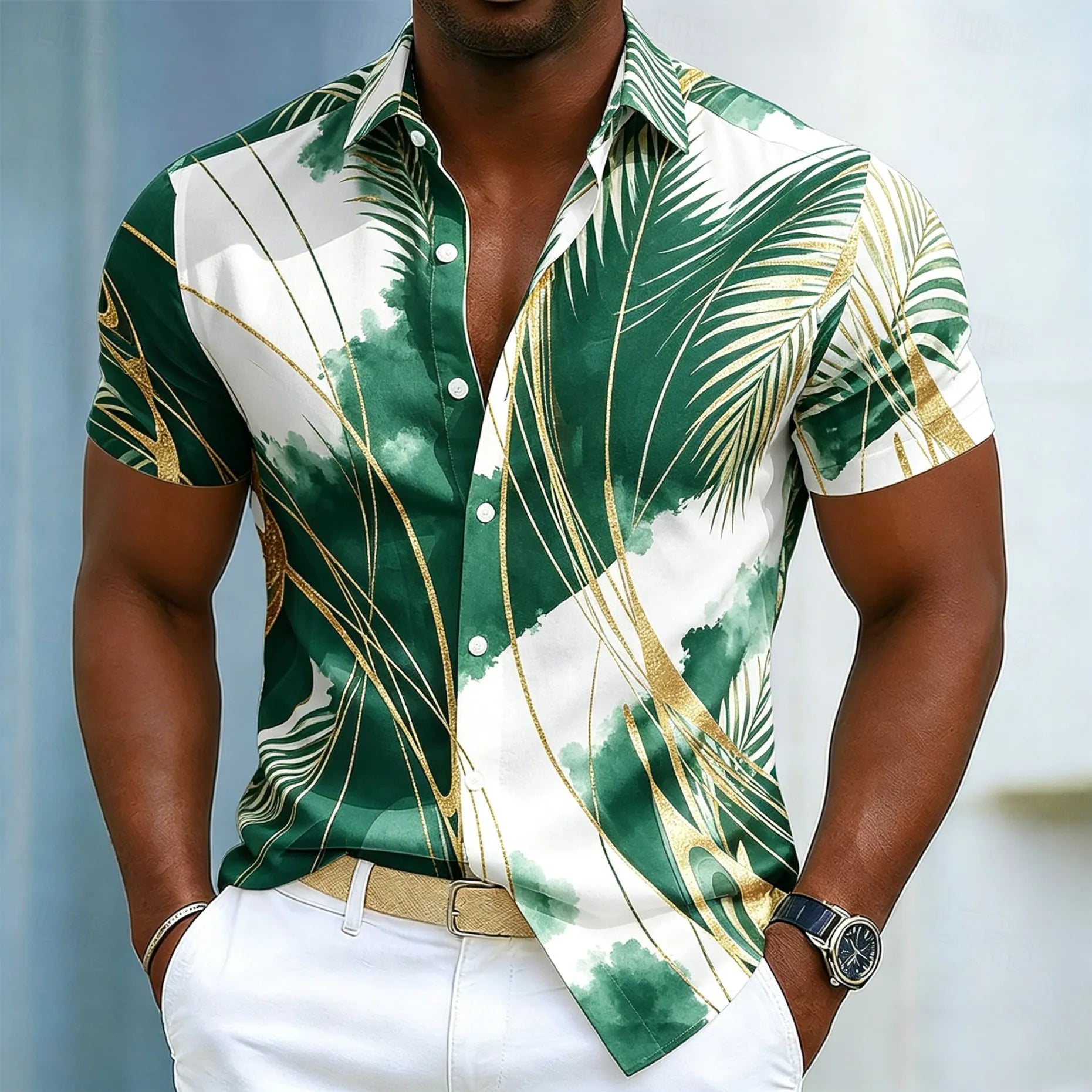 Chemise à manches courtes pour homme, imprimé abstrait marbré et feuille d'or, motif graphique fluide de luxe. Plusieurs coloris disponible