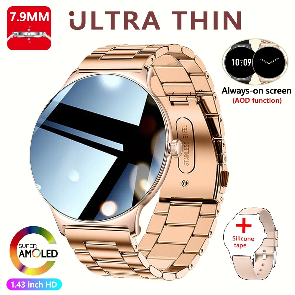 Montre Connectée Femme Jooeniok V89 Ultra-Mince 7,9 mm – 1,43" AMOLED, Appel BT, 100+ Sports