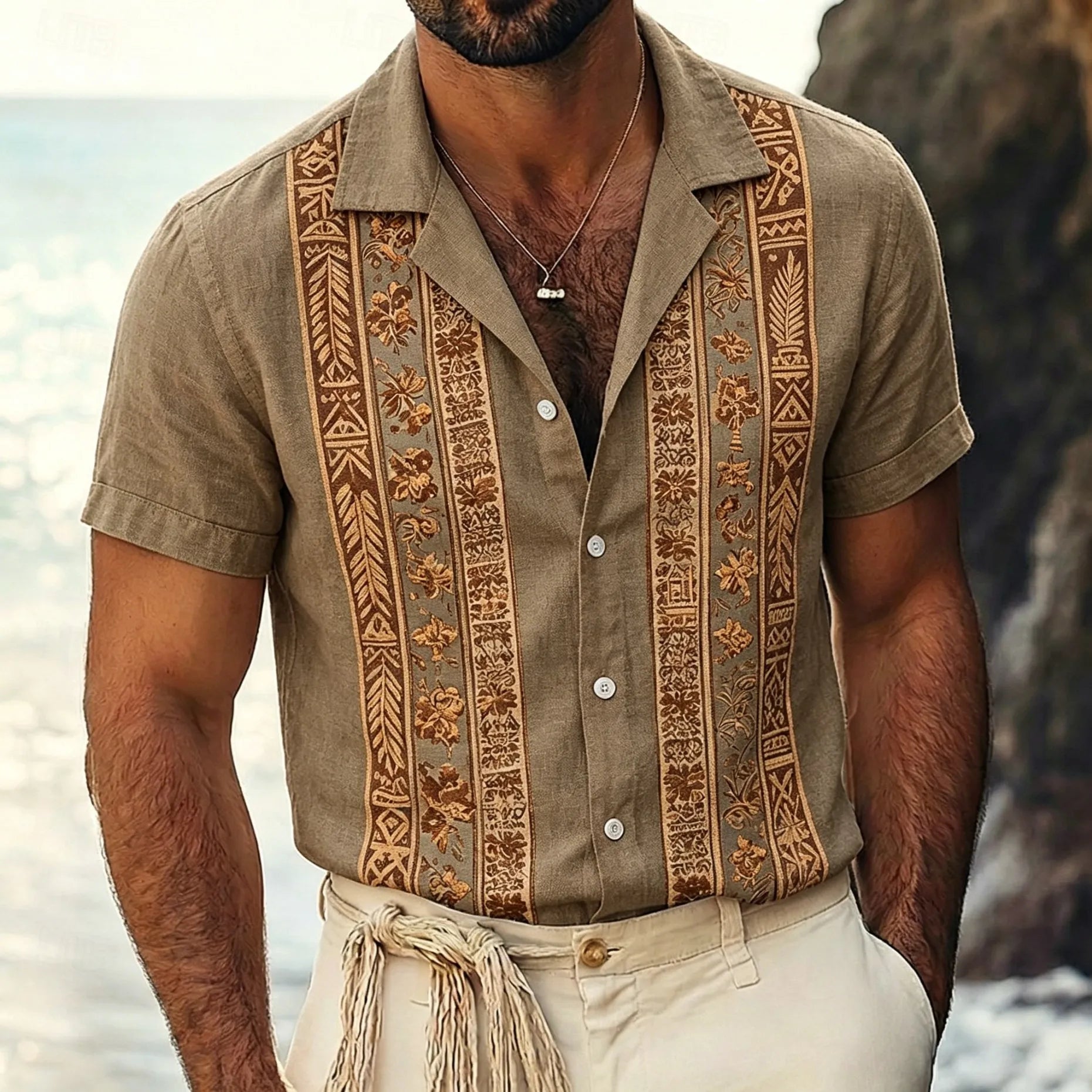 Chemise à manches courtes pour homme, imprimé floral vintage rayé. Plusieurs coloris disponibles