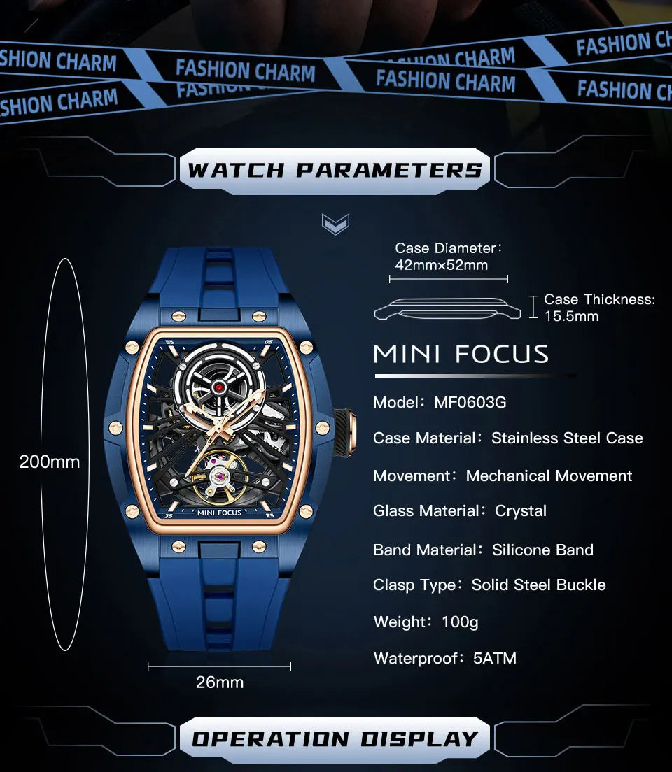 Montre Homme MINIFOCUS — Mécanique Automatique Squelette, Silicone & Waterproof 5ATM