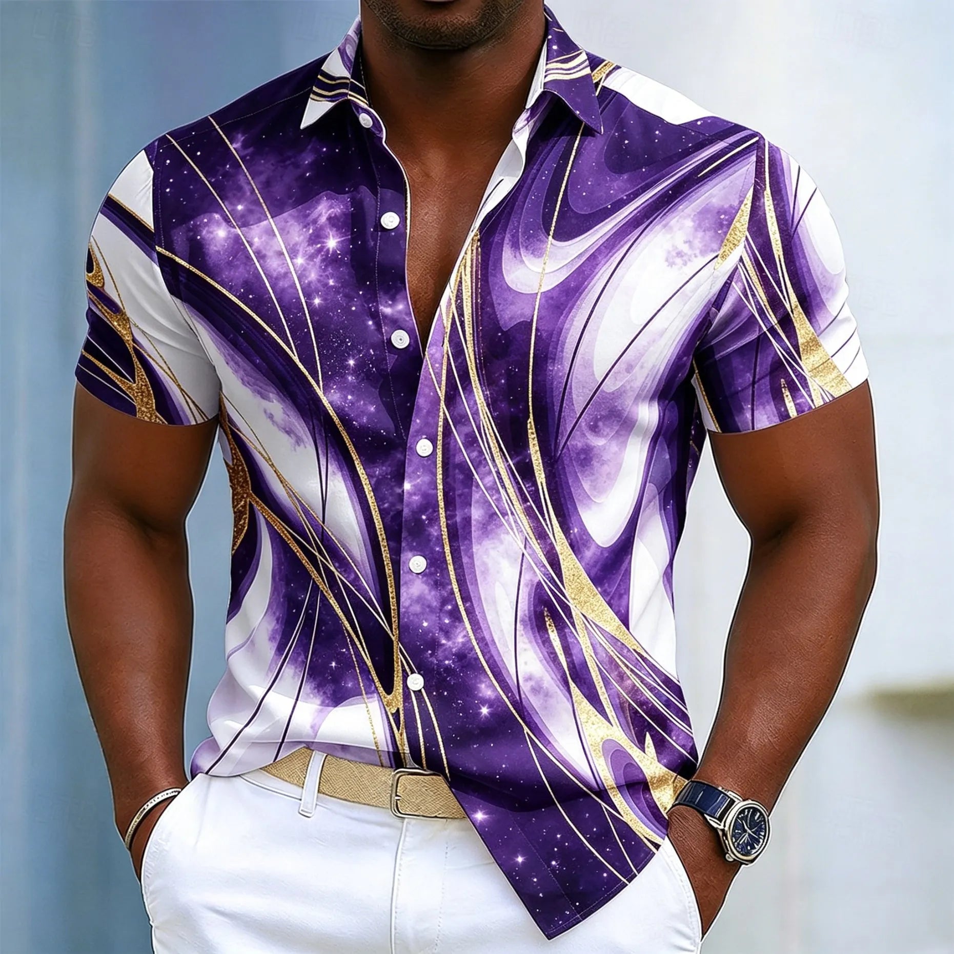 Chemise à manches courtes pour homme, imprimé abstrait marbré et feuille d'or, motif graphique fluide de luxe. Plusieurs coloris disponible