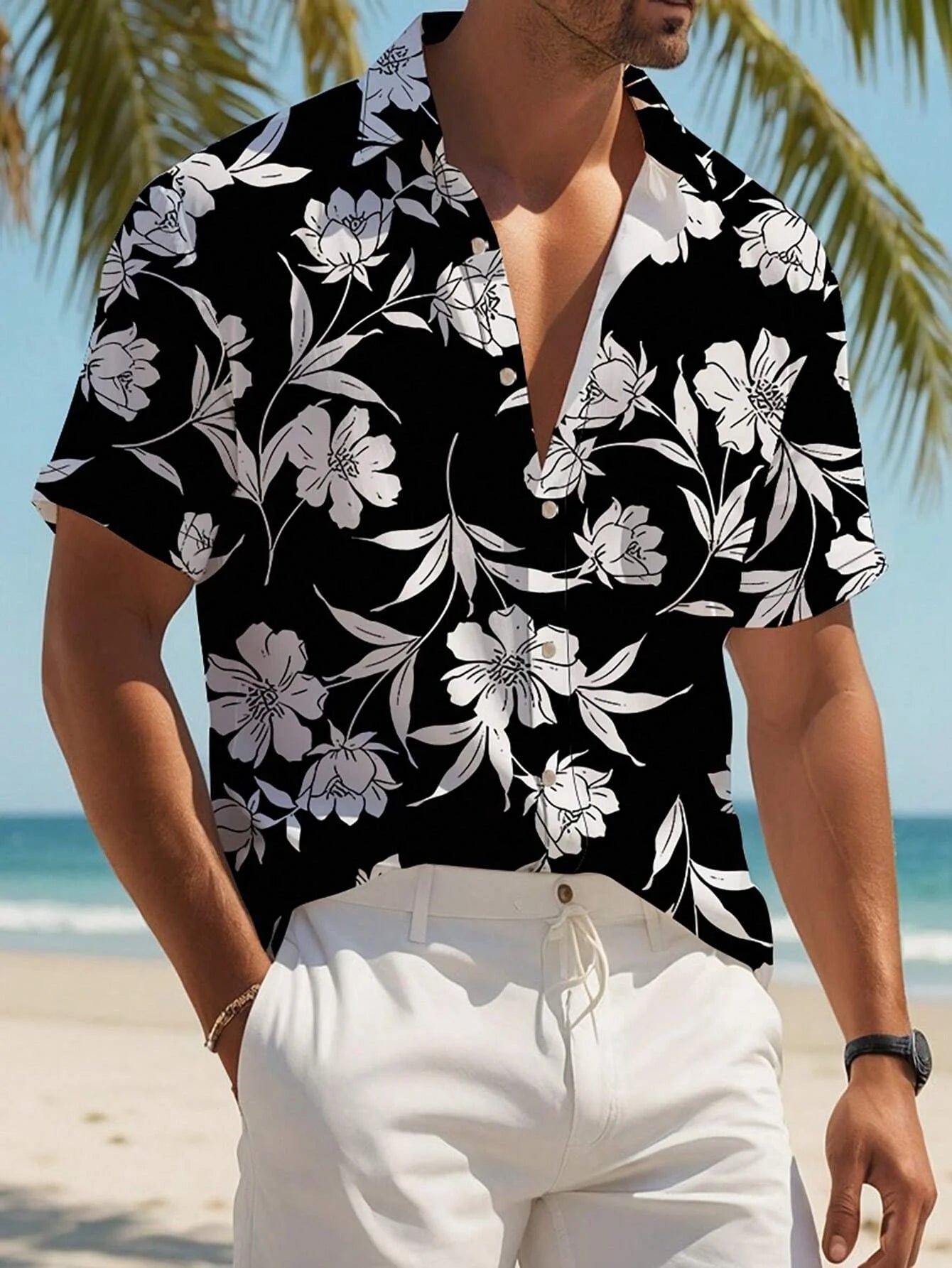 Chemise boutonnée à manches courtes pour hommes, imprimé plante. Plusieurs coloris