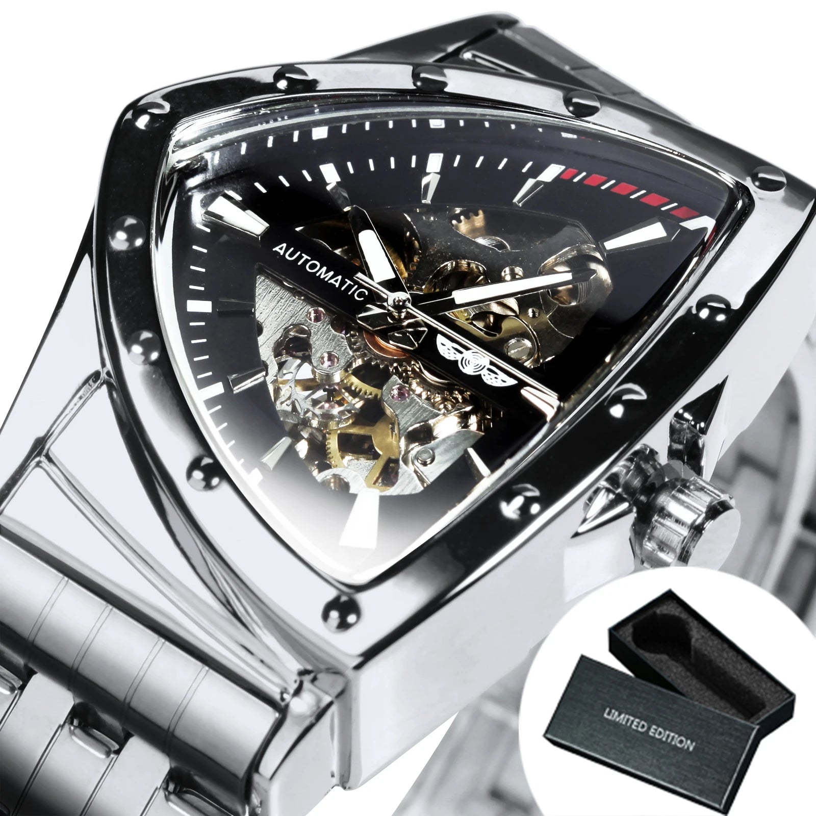 Montre Sport Automatique Squelette Triangle Homme WINNER – Bracelet Caoutchouc, Style Militaire