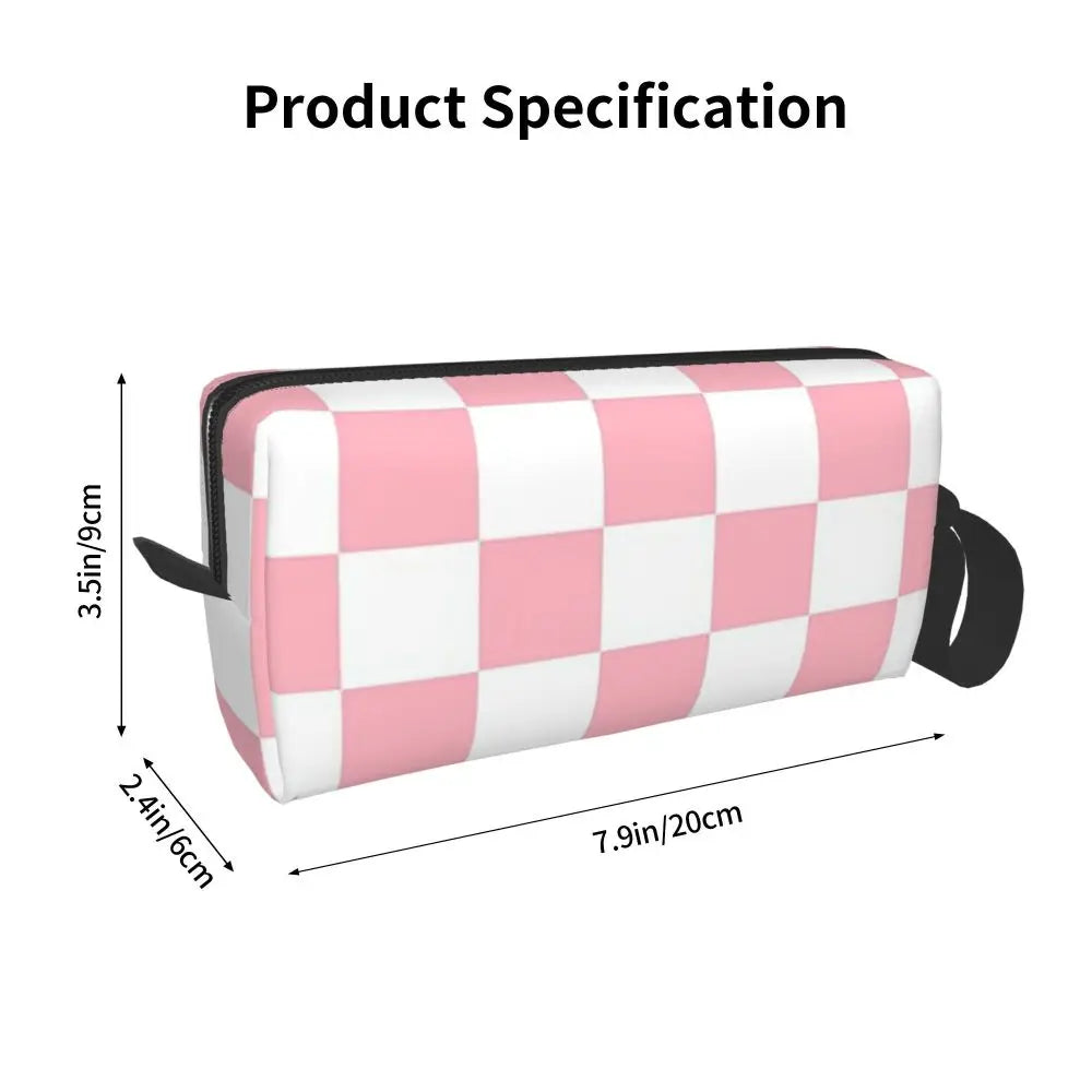 Trousse de maquillage à motif damier rose et blanc, organiseur de cosmétiques, trousse de toilette pour femmes, trousse de beauté de voyage, trousse à crayons