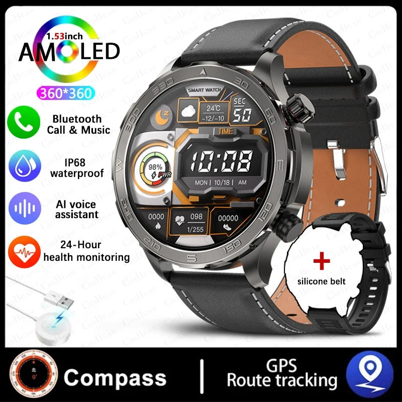 Montre intelligente étanche avec boussole pour homme, surveillance de la santé, traqueur de sport GPS, appel Bluetooth HD, assistant vocal, nouveau, 2024