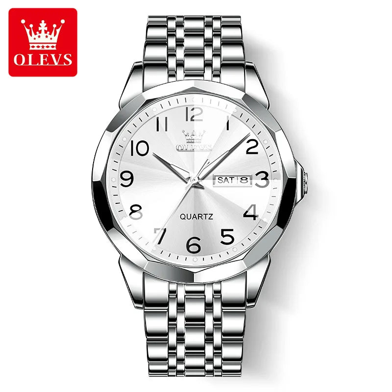 OLEVS montre de luxe montre pour hommes étanche argent acier inoxydable classique montre-bracelet à Quartz décontractée .