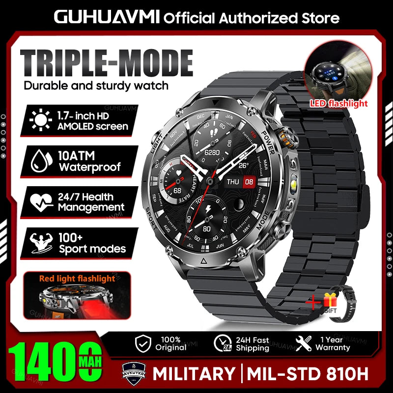 Smartwatch Militaire GUHUAVMI 2026 – Écran AMOLED 1,7", Batterie 1400mAh, GPS, Appel Bluetooth
