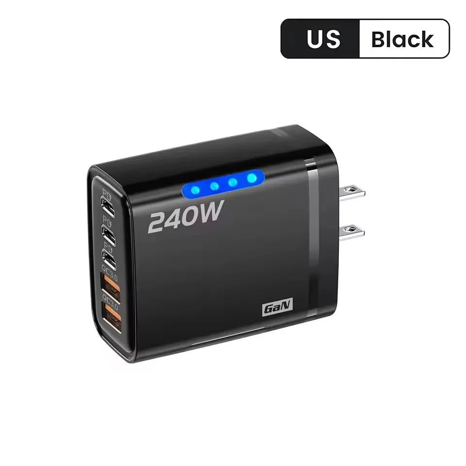 Chargeur rapide 240W GaN avec lumière LED, 2 USB + 3 Type-C, chargeur de téléphone multi-ports 5 en 1 pour iPhone , Samsung, Huawei, Xiaomi
