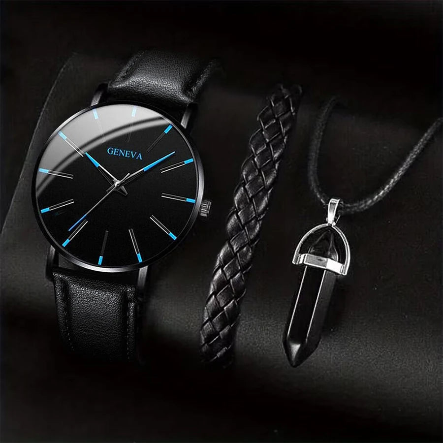 3 pièces/ensemble hommes montres d'affaires bracelet en cuir.