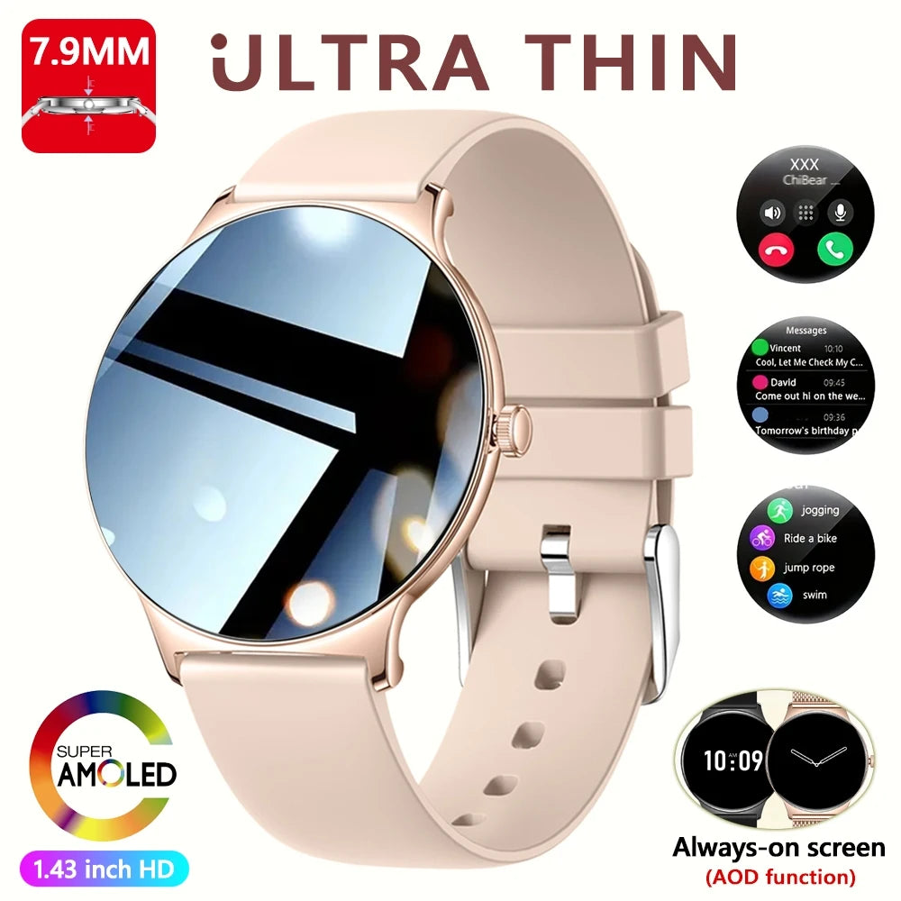 Montre Connectée Femme Jooeniok V89 Ultra-Mince 7,9 mm – 1,43" AMOLED, Appel BT, 100+ Sports