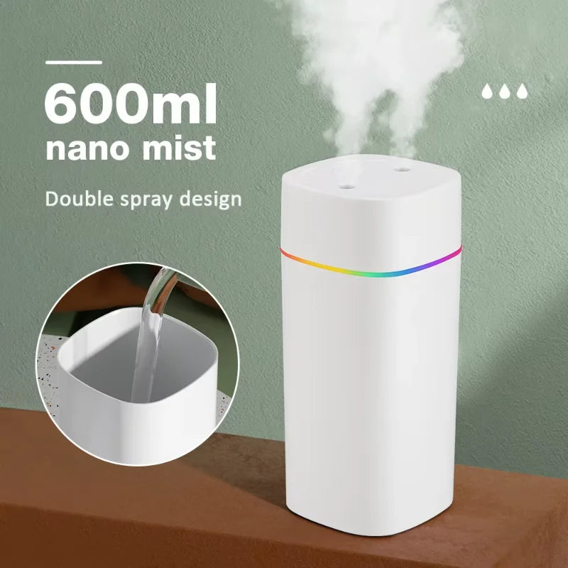 Humidificateur d'air Lenovo 600ML, double port de pulvérisation, humidificateur d'huiles essentielles, atomiseur silencieux, lumières colorées pour la maison et le bureau