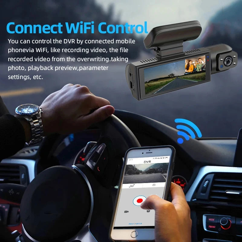 Caméra de tableau de bord pour voitures 1080P, enregistreur vidéo DVR, double caméra de voiture, vue avant et intérieure, enregistrement en boucle, moniteur WiFi Dashcam