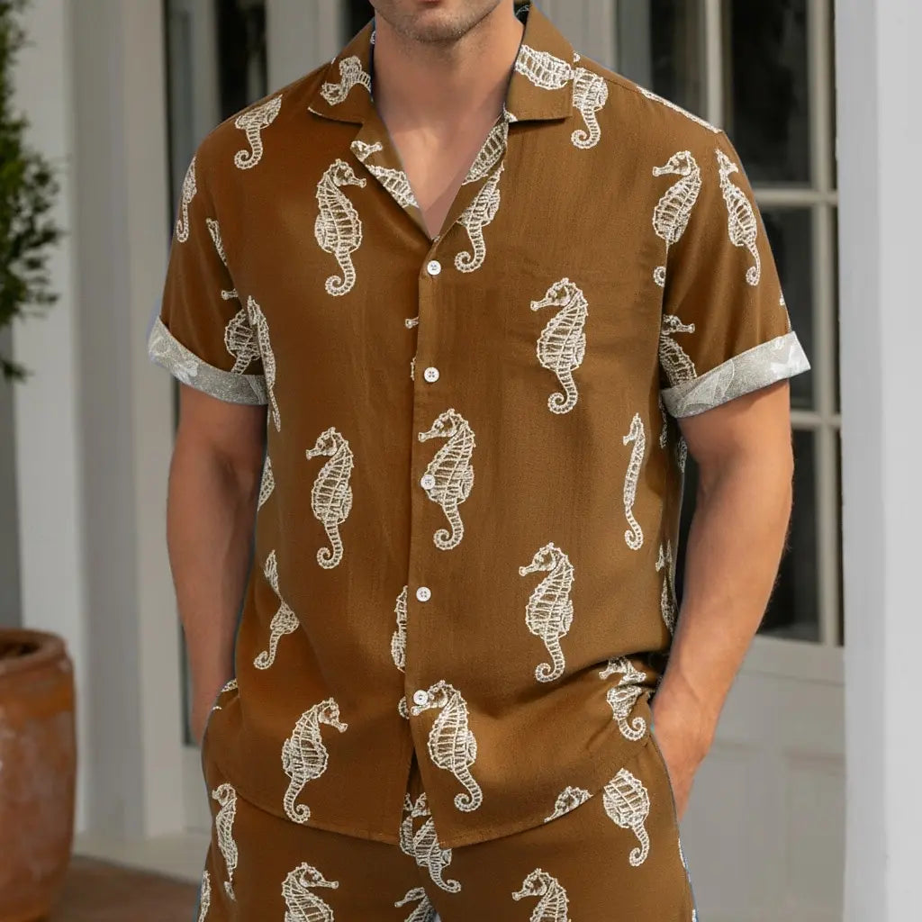 Chemise hawaïenne à manches courtes pour hommes, col rabattu, imprimé 3D hippocampe et créatures marines, boutonnée, tenue de plage, bleu, marron, vert, été