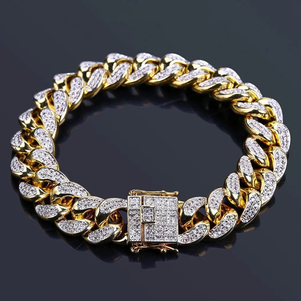 Bracelet de luxe en chaîne à maillons cubains glacés pour hommes, bijoux Hip-Hop en cristal pavé, en acier inoxydable, scintillant, cadeau