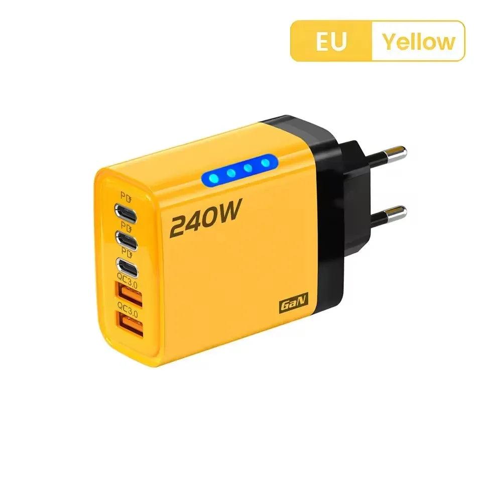Chargeur rapide 240W GaN avec lumière LED, 2 USB + 3 Type-C, chargeur de téléphone multi-ports 5 en 1 pour iPhone 15-17 Series, Samsung, Huawei, Xiaomi 15