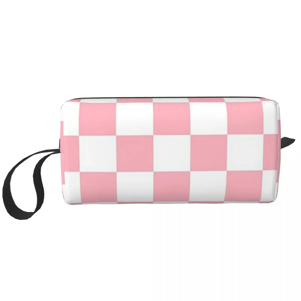 Trousse de maquillage à motif damier rose et blanc, organiseur de cosmétiques, trousse de toilette pour femmes, trousse de beauté de voyage, trousse à crayons