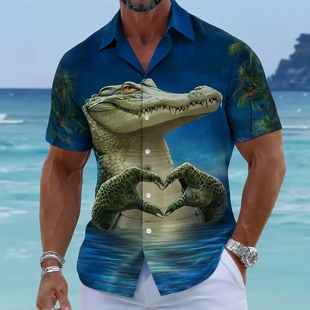 Chemise hawaïenne Aloha tropicale pour homme, imprimé animal crocodile cœur 3D, manches courtes, boutonnée, hauts amusants pour les vacances d'été