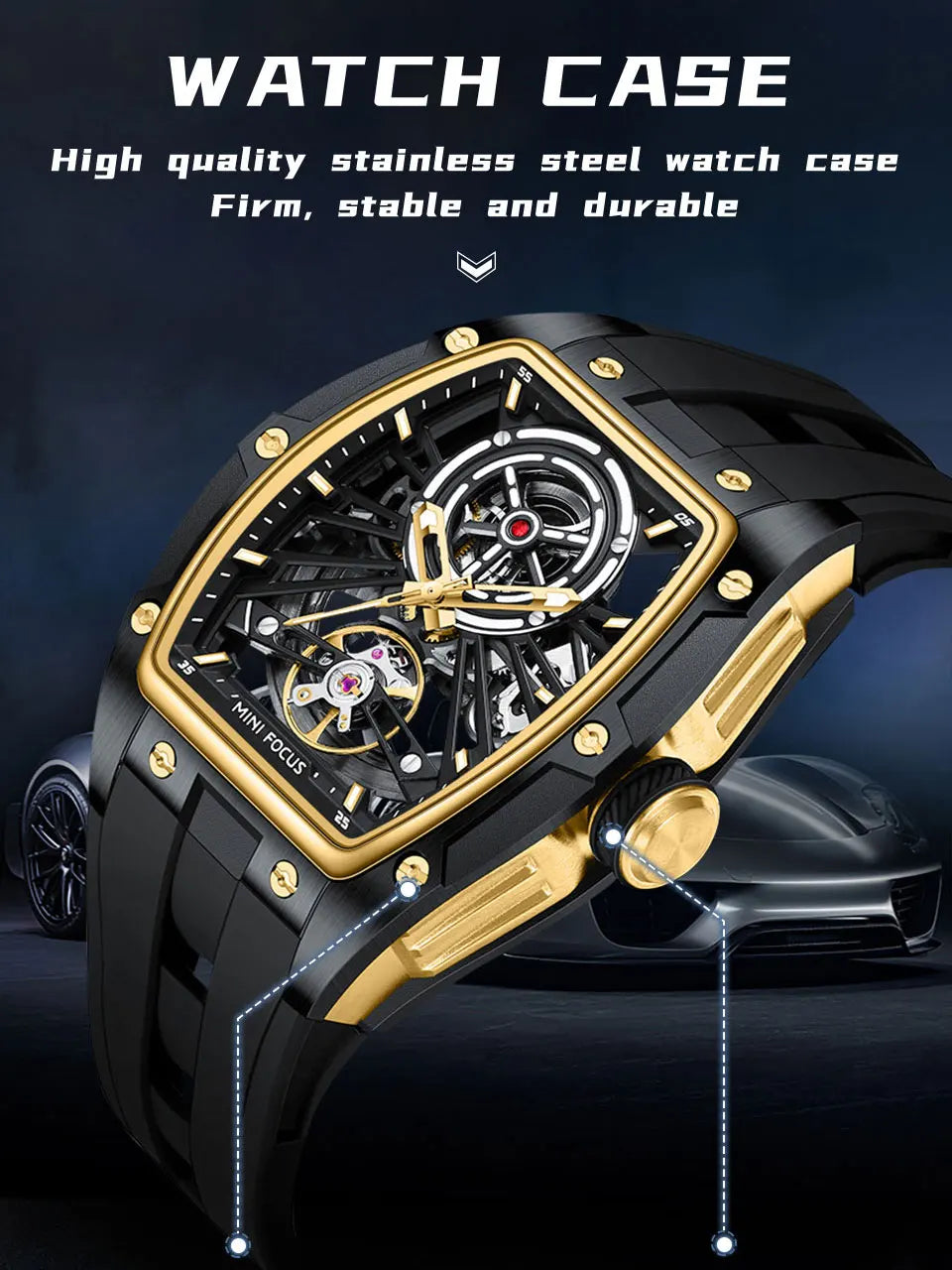 Montre Homme MINIFOCUS — Mécanique Automatique Squelette, Silicone & Waterproof 5ATM