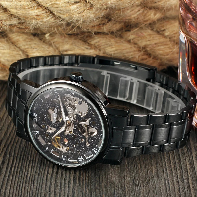 Montre Mécanique Squelette Noir Homme WINNER – Aiguilles Lumineuses, Bracelet Acier