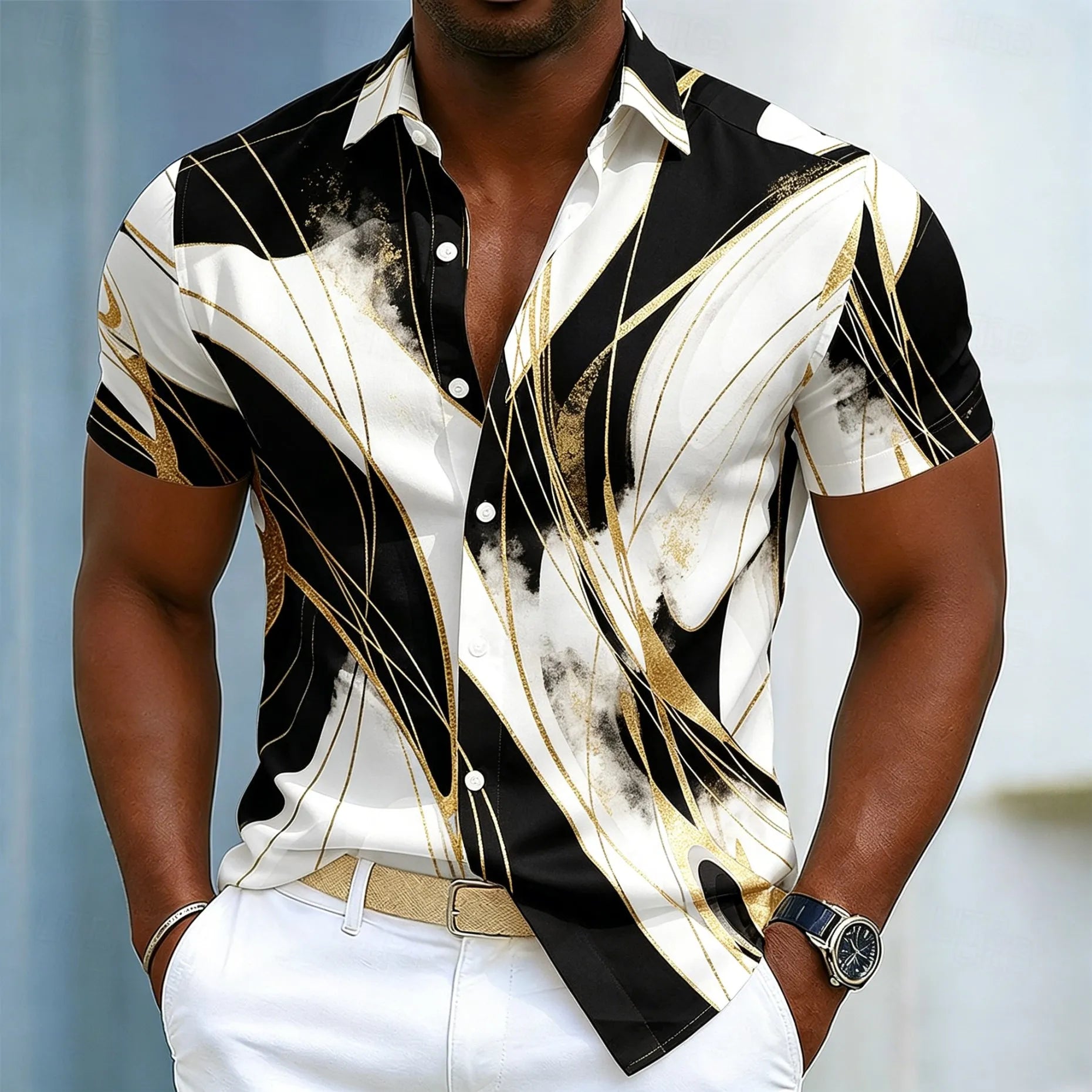 Chemise à manches courtes pour homme, imprimé abstrait marbré et feuille d'or, motif graphique fluide de luxe. Plusieurs coloris disponible