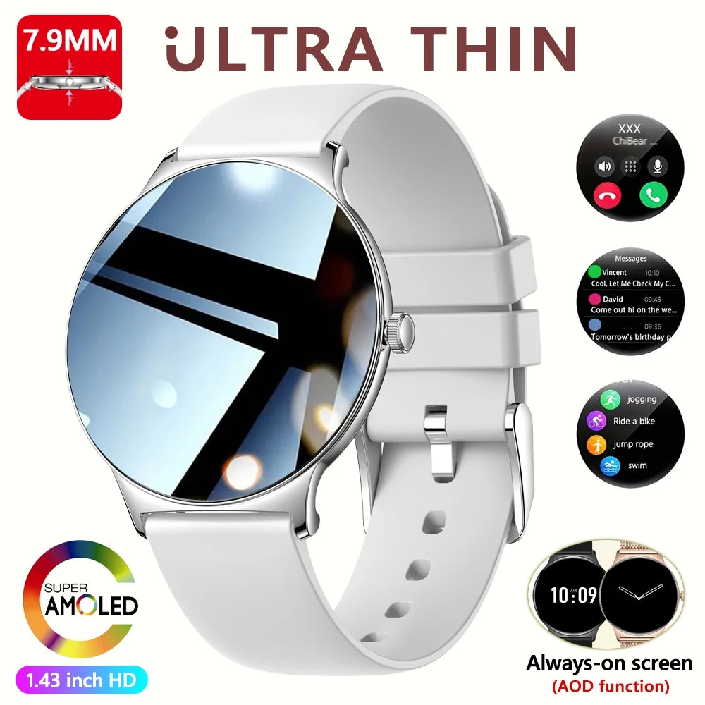 Montre Connectée Femme Jooeniok V89 Ultra-Mince 7,9 mm – 1,43" AMOLED, Appel BT, 100+ Sports