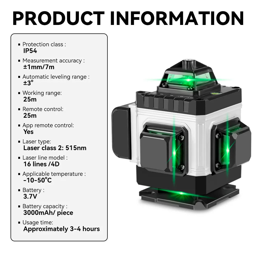 Niveau Laser 4D Professionnel HGLINE – 16 Lignes, Auto-nivellement 360°, Télécommande APP