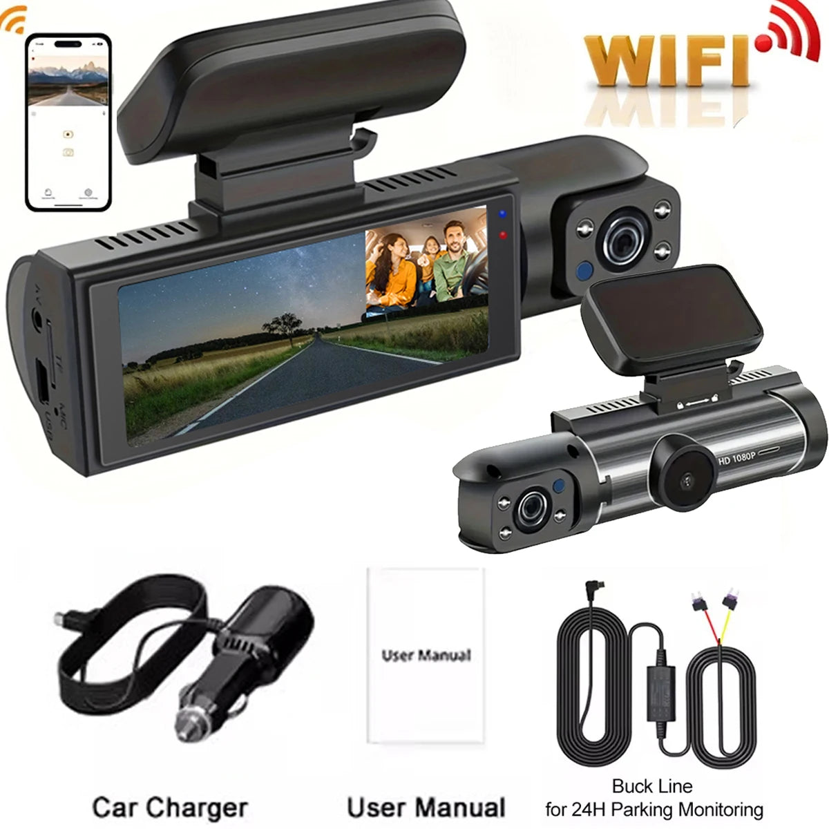 Caméra de tableau de bord pour voitures 1080P, enregistreur vidéo DVR, double caméra de voiture, vue avant et intérieure, enregistrement en boucle, moniteur WiFi Dashcam