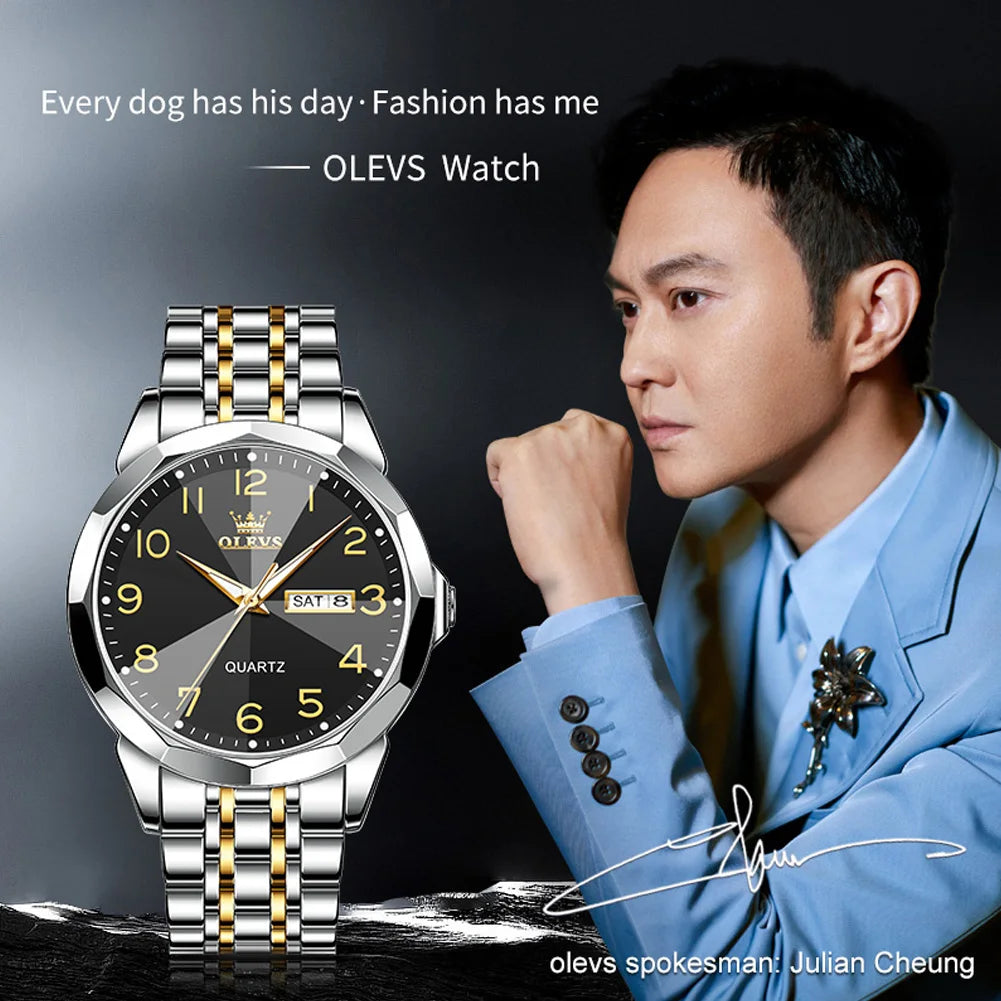 OLEVS montre de luxe montre pour hommes étanche argent acier inoxydable classique montre-bracelet à Quartz décontractée .