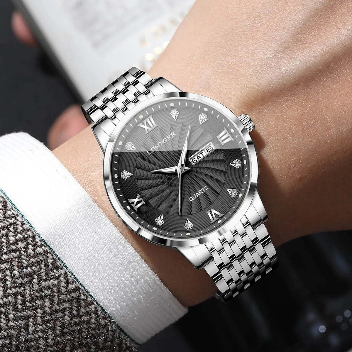 Montres de luxe en acier inoxydable pour hommes, montres-bracelets à Quartz avec cadran lumineux et calendrier, Relogio Masculino (sans boîte)