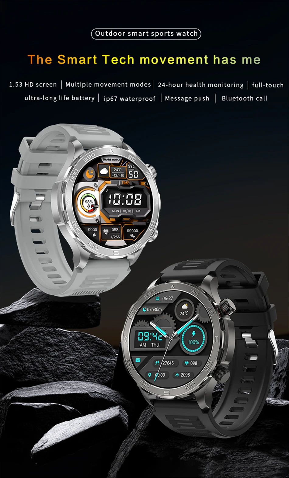 Montre intelligente étanche avec boussole pour homme, surveillance de la santé, traqueur de sport GPS, appel Bluetooth HD, assistant vocal, nouveau, 2024