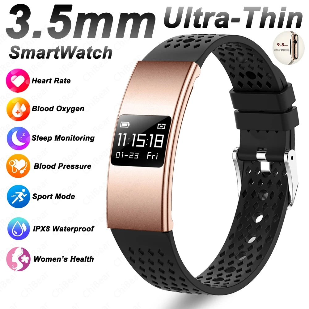 Nouveau Bracelet Connecté Ultra-Mince 3,5 mm 2026 avec Suivi de Fréquence Cardiaque et d'Oxygène Sanguin, Design Courbé, Alerte d'Appels, Bracelet Intelligent Élégant pour Femme