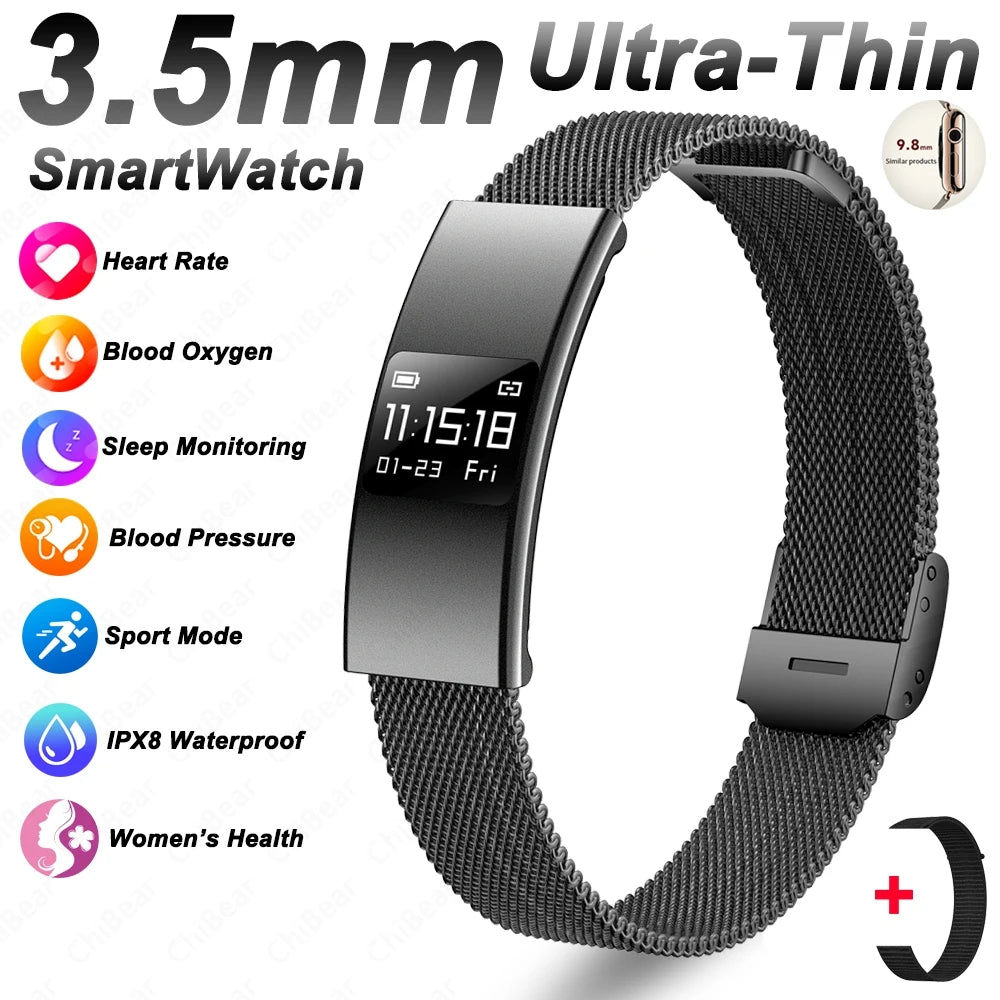 Nouveau Bracelet Connecté Ultra-Mince 3,5 mm 2026 avec Suivi de Fréquence Cardiaque et d'Oxygène Sanguin, Design Courbé, Alerte d'Appels, Bracelet Intelligent Élégant pour Femme