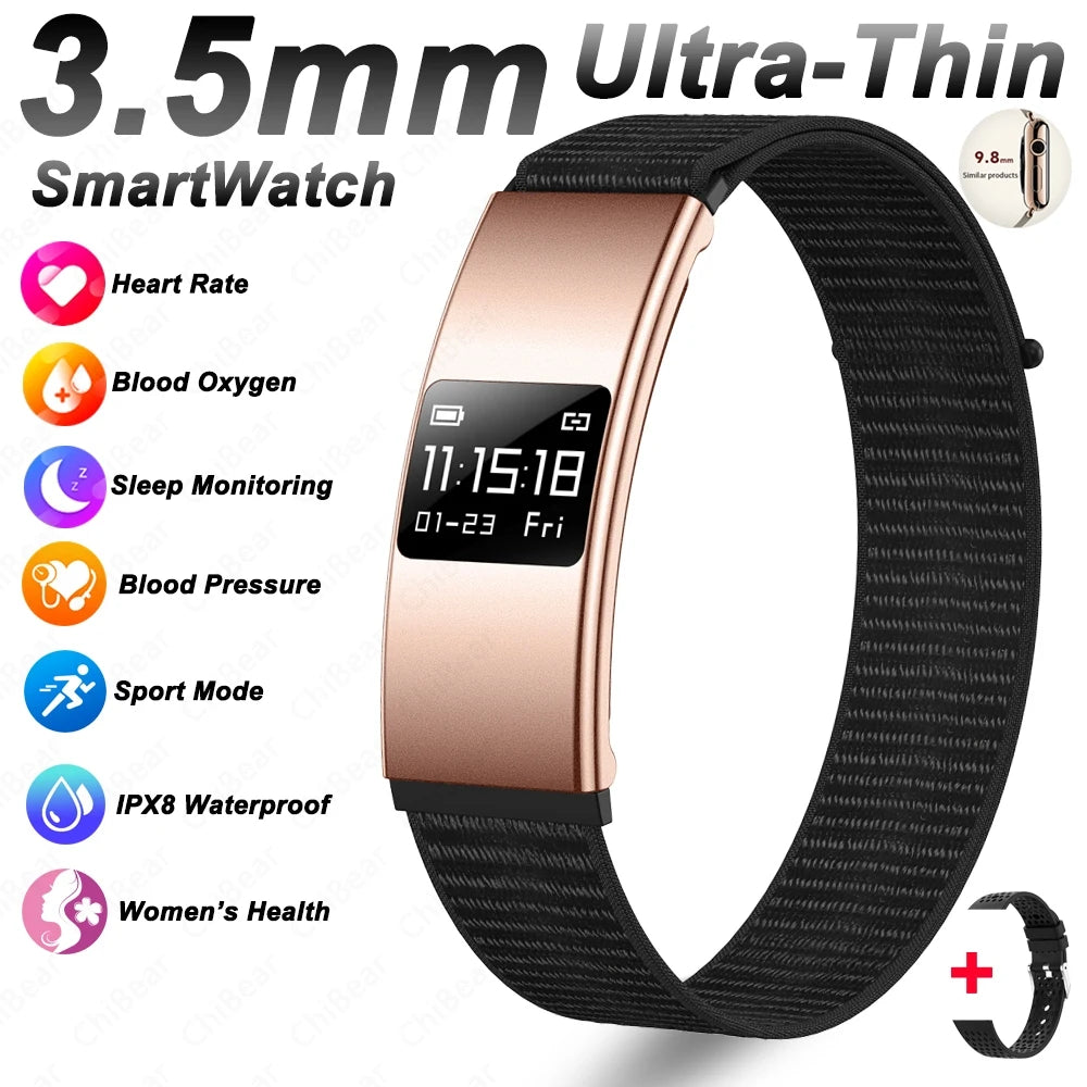 Nouveau Bracelet Connecté Ultra-Mince 3,5 mm 2026 avec Suivi de Fréquence Cardiaque et d'Oxygène Sanguin, Design Courbé, Alerte d'Appels, Bracelet Intelligent Élégant pour Femme