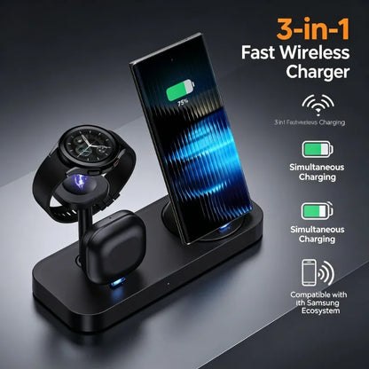 Station de Charge Sans Fil 3-en-1 VIKEFON – Samsung Galaxy, Montre & Écouteurs, 15W