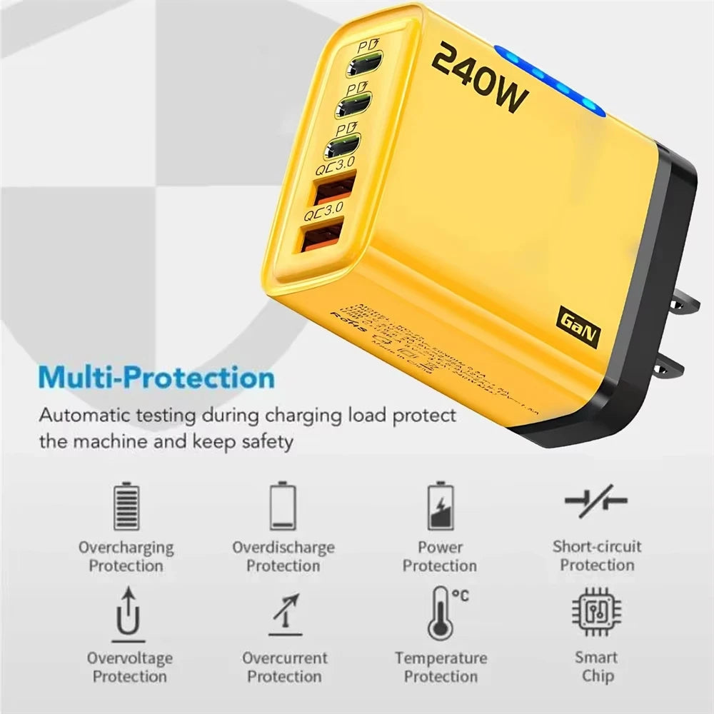 Chargeur rapide 240W GaN avec lumière LED, 2 USB + 3 Type-C, chargeur de téléphone multi-ports 5 en 1 pour iPhone 15-17 Series, Samsung, Huawei, Xiaomi 15
