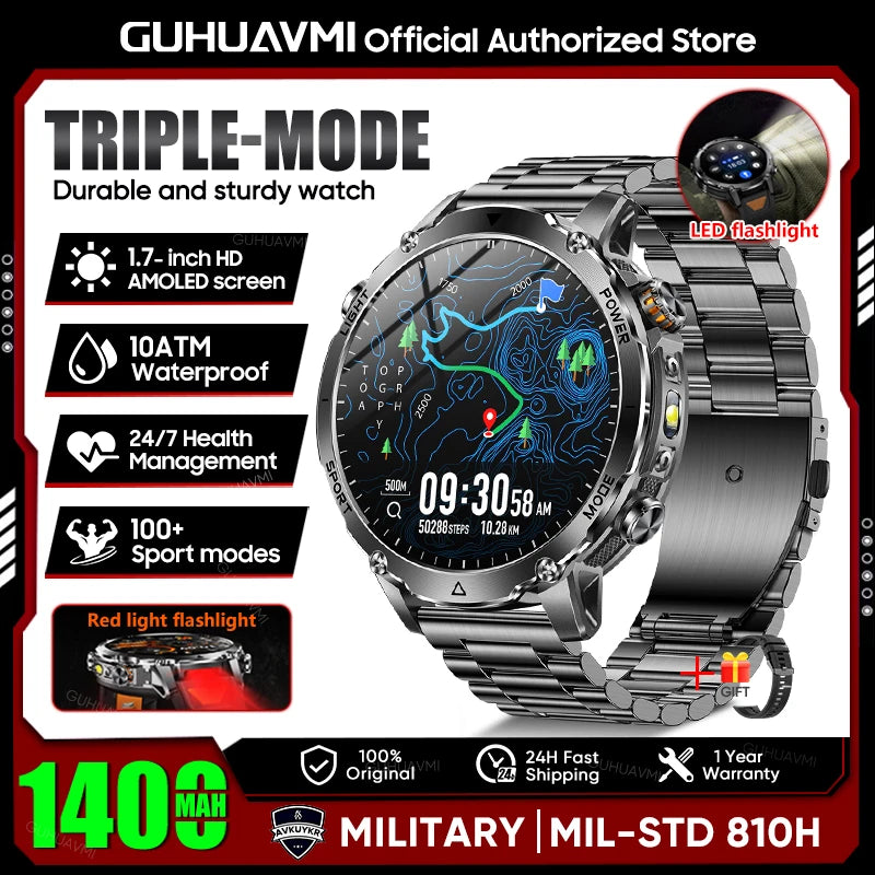 Smartwatch Militaire GUHUAVMI 2026 – Écran AMOLED 1,7", Batterie 1400mAh, GPS, Appel Bluetooth