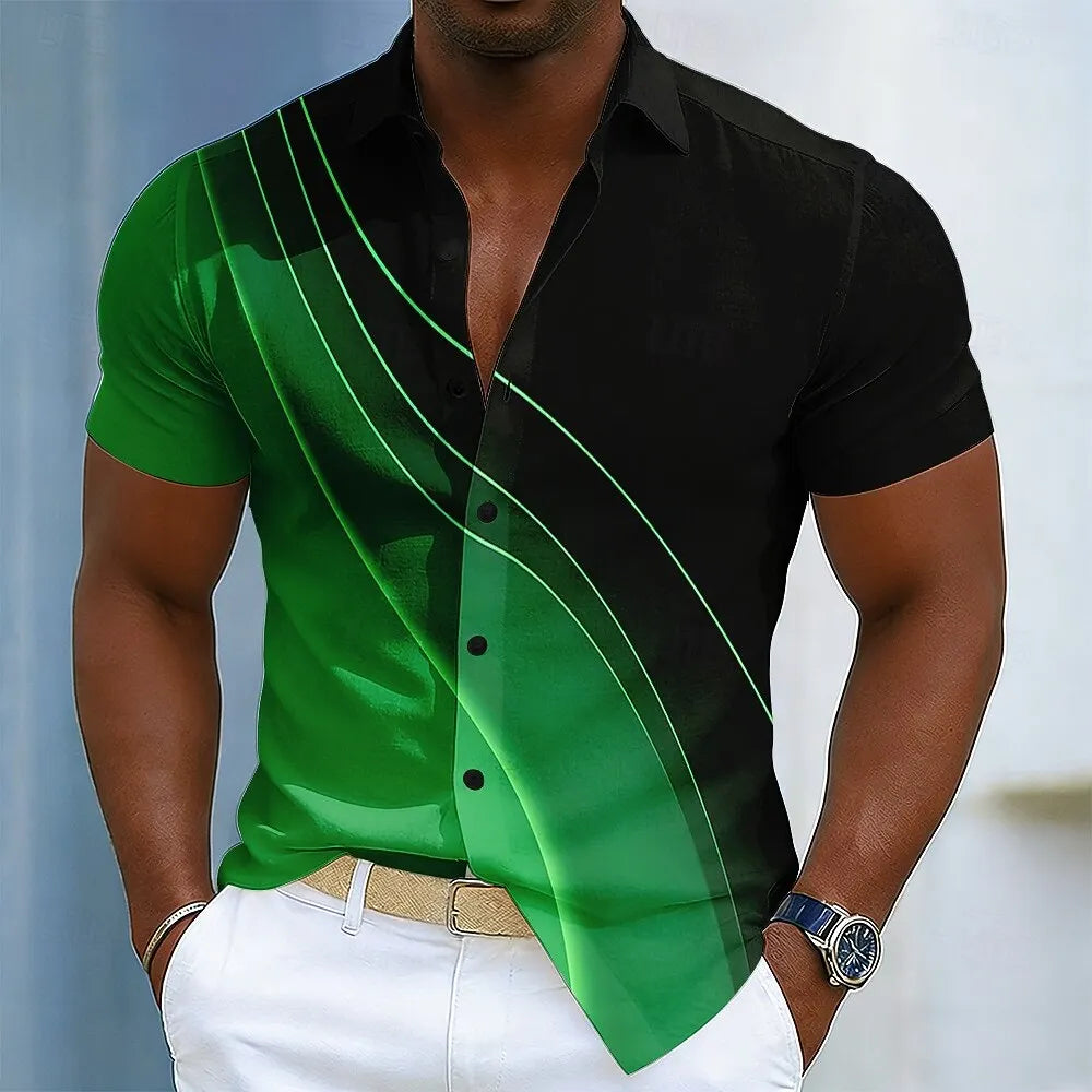 Chemise pour homme à imprimé 3D, lignes géométriques, vagues abstraites, manches courtes, col rabattu, boutonnée, à porter au quotidien pour le printemps et l'été