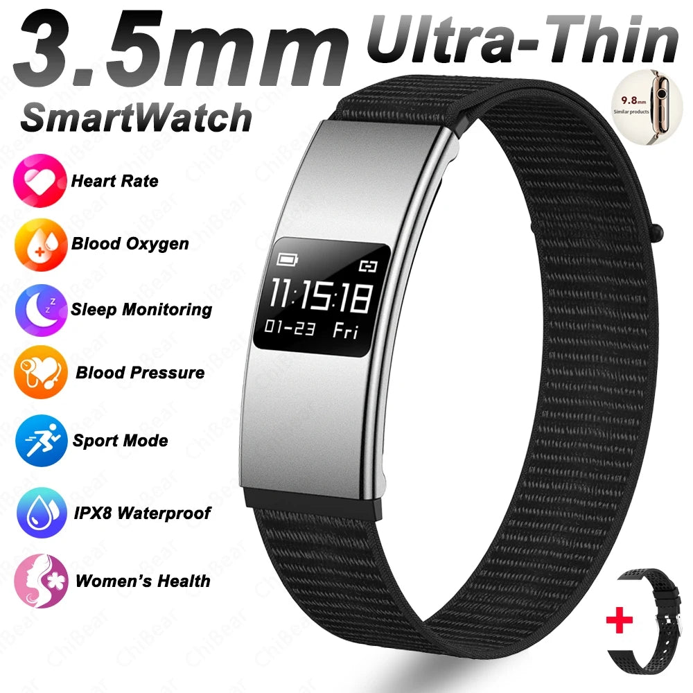 Nouveau Bracelet Connecté Ultra-Mince 3,5 mm 2026 avec Suivi de Fréquence Cardiaque et d'Oxygène Sanguin, Design Courbé, Alerte d'Appels, Bracelet Intelligent Élégant pour Femme