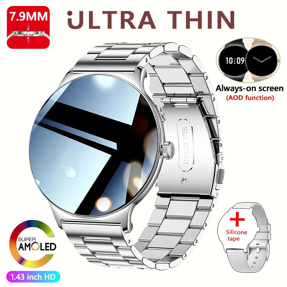 Montre Connectée Femme Jooeniok V89 Ultra-Mince 7,9 mm – 1,43" AMOLED, Appel BT, 100+ Sports