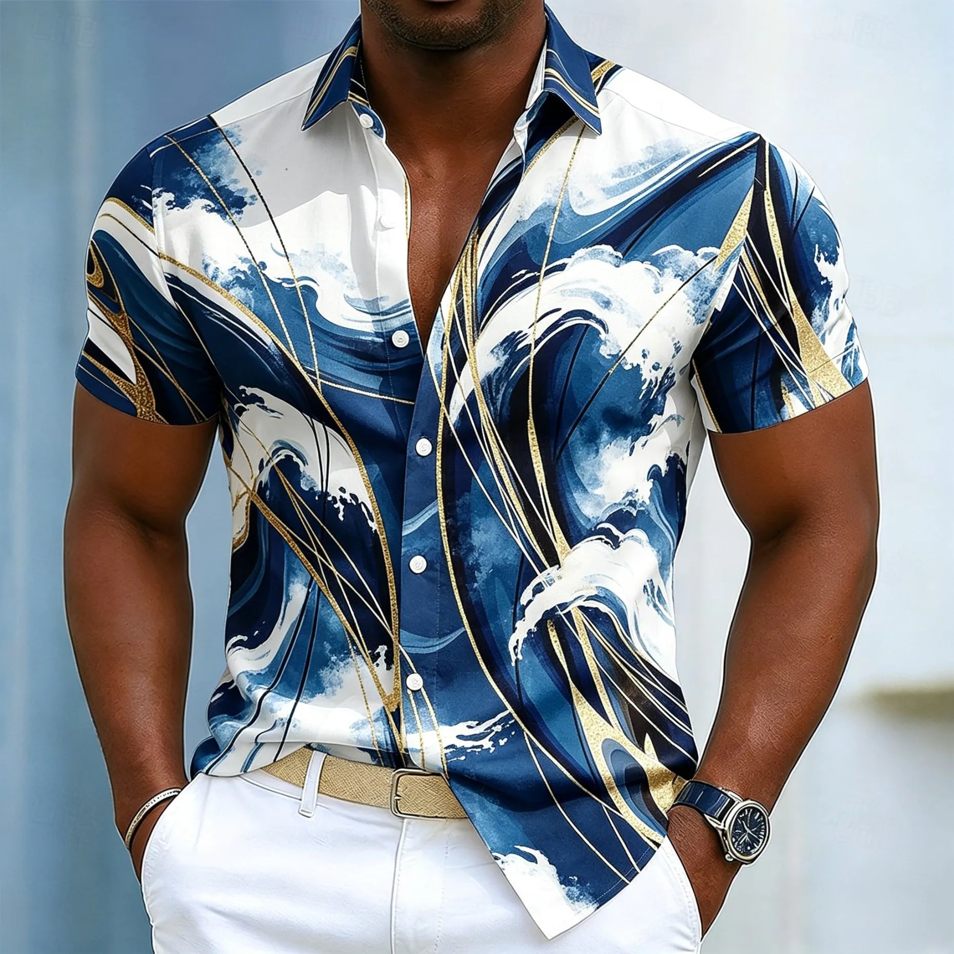 Chemise à manches courtes pour homme, imprimé abstrait marbré et feuille d'or, motif graphique fluide de luxe. Plusieurs coloris disponible