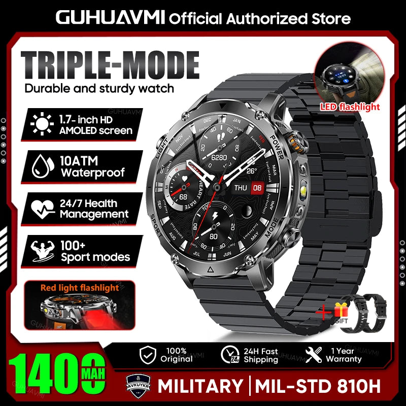 Montre Connectée Militaire 2026 pour Hommes avec Batterie 1400mAh, Lampe Torche Extérieure, Étanchéité 10ATM.
