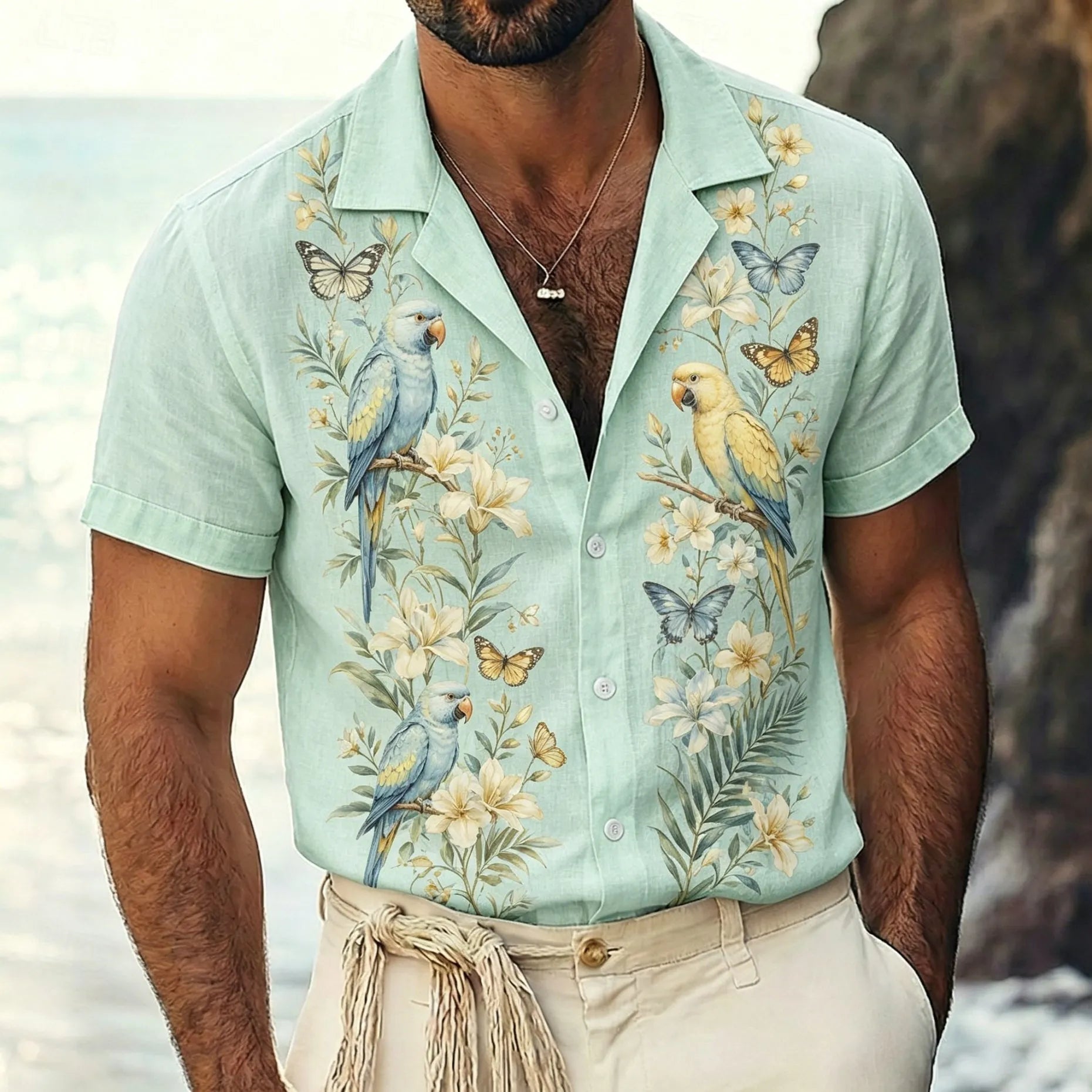 Chemise à manches courtes pour homme, imprimé floral vintage rayé. Plusieurs coloris disponibles