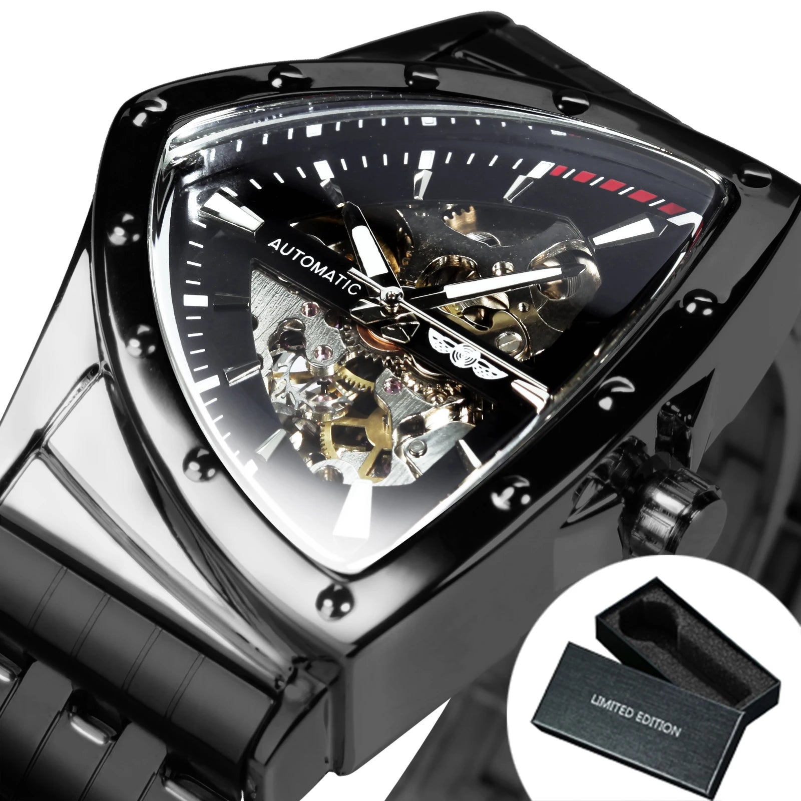Montre Sport Automatique Squelette Triangle Homme WINNER – Bracelet Caoutchouc, Style Militaire