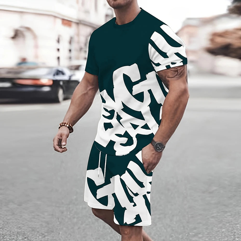 T-shirt et short à col rond pour hommes, ensemble tendance d'été, grande police imprimée, confortable et respirant, vêtements d'extérieur décontractés