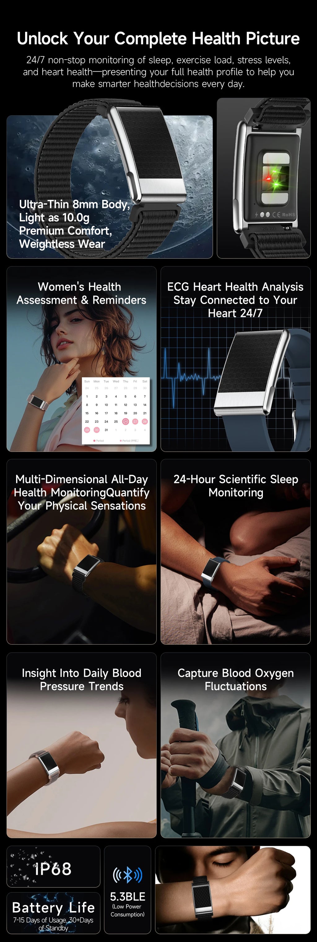 Nouvelle Montre Connectée Ultra-Mince 8mm 2026 pour Femme avec Suivi ECG, Fréquence Cardiaque, Pression Artérielle, Oxygène Sanguin et Appel Bluetooth