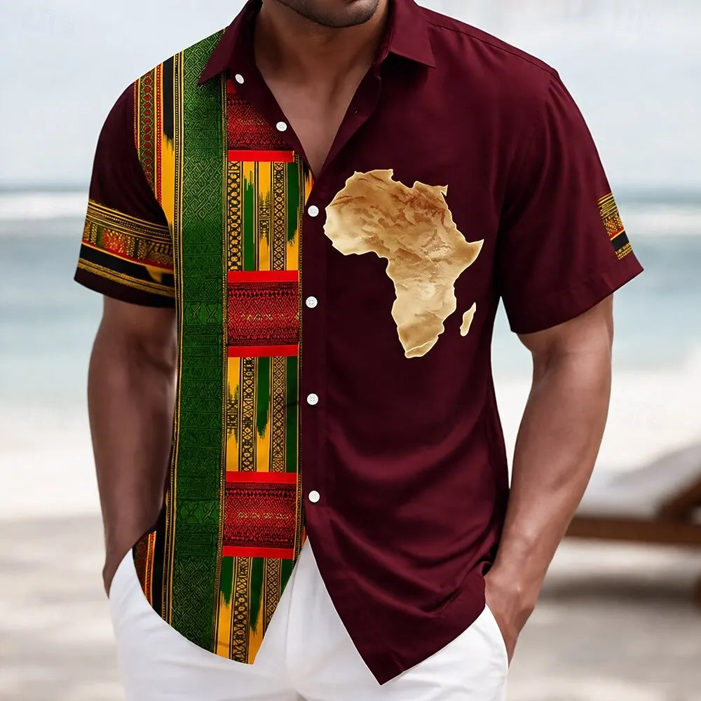 Chemise boutonnée vintage Juneteenth à manches courtes motif carte de la liberté africaine.