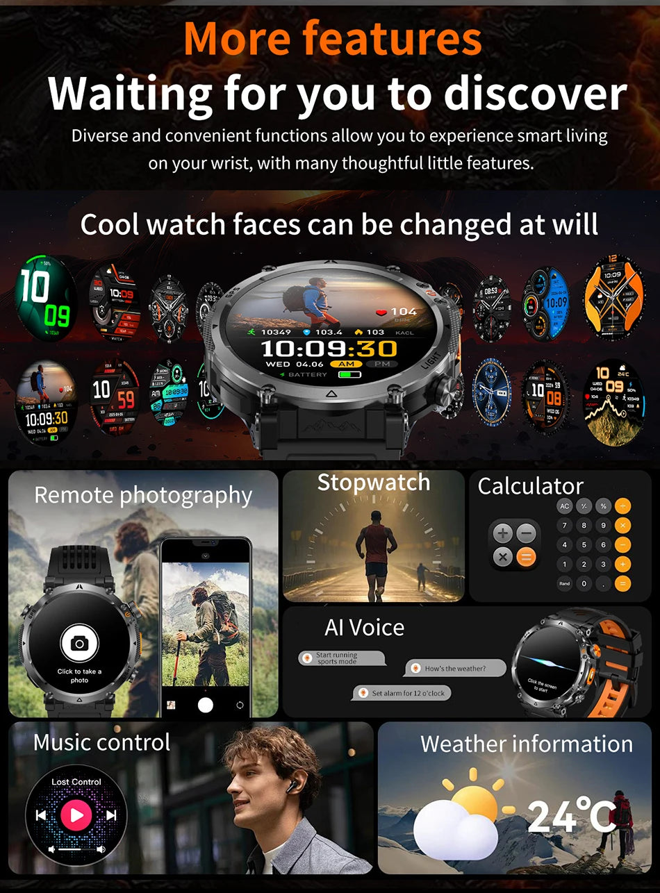 Montre Connectée Outdoor ChiBear – 1,7" AMOLED, 100+ Sports, Boussole, Torche LED, Appel BT
