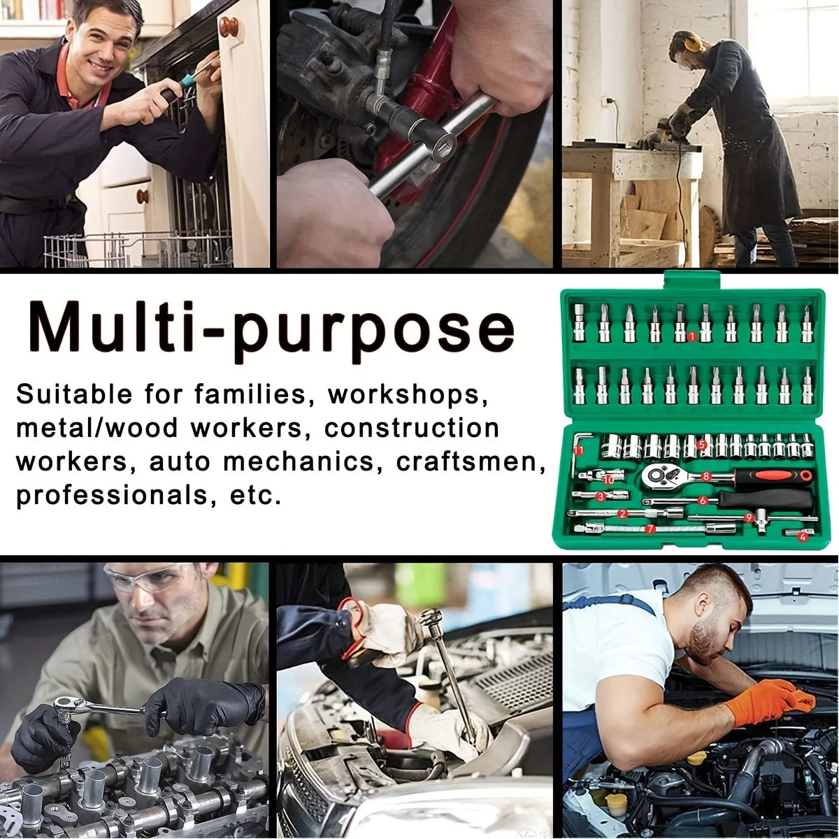 Kit d'Outils Professionnel 46 Pièces – Coffret à Cliquet pour Entretien Auto & Bricolage