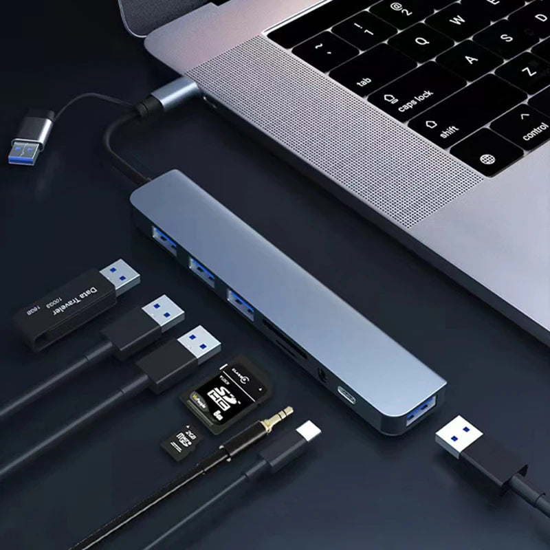 Station d'accueil HUB USB + Type C 8 en 2 avec adaptateur jack audio 3,5 mm pour lecteur de carte Micro SD, ordinateur portable, tablette, téléphone, convertisseur de disque
